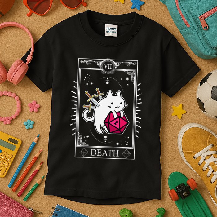 Funny Dungeon Tarot Card Cat Dice D20 Kids T-Shirt
