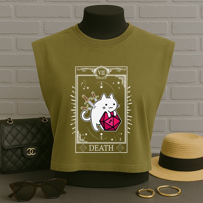 Funny Dungeon Tarot Card Cat Dice D20 Garment-Dyed Women's Muscle Tee