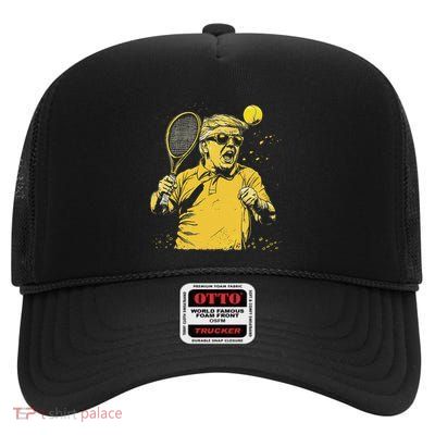 Funny Donald Trump Tennis Lovers Graphics Tennis Dad High Crown Mesh Back Trucker Hat