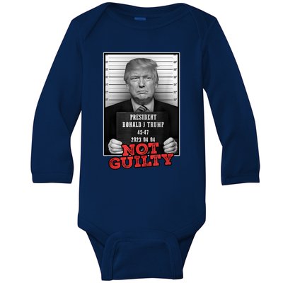 Funny Donald Trump Not Guilty Mug Shot Free Trump 2024 Baby Long Sleeve Bodysuit