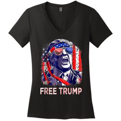 Free Donald Trump Republican Support Pro Trump American Flag Women's V-Neck T-Shirt