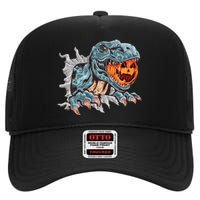 Funny Dinosaur T Rex Head Eats Mummy Pumpkin Vintage Sweat High Crown Mesh Back Trucker Hat