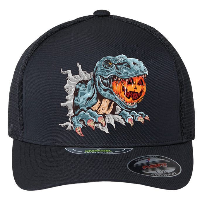 Funny Dinosaur T Rex Head Eats Mummy Pumpkin Vintage Sweat Flexfit Unipanel Trucker Cap