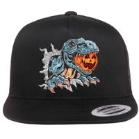 Funny Dinosaur T Rex Head Eats Mummy Pumpkin Vintage Sweat Flat Bill Trucker Hat