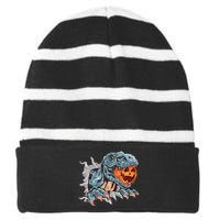 Funny Dinosaur T Rex Head Eats Mummy Pumpkin Vintage Sweat Striped Beanie with Solid Band