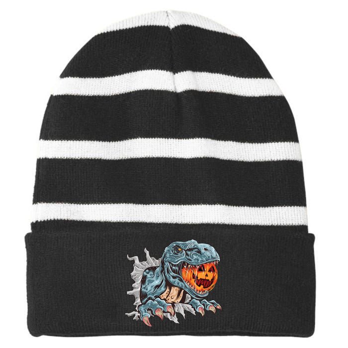 Funny Dinosaur T Rex Head Eats Mummy Pumpkin Vintage Sweat Striped Beanie with Solid Band