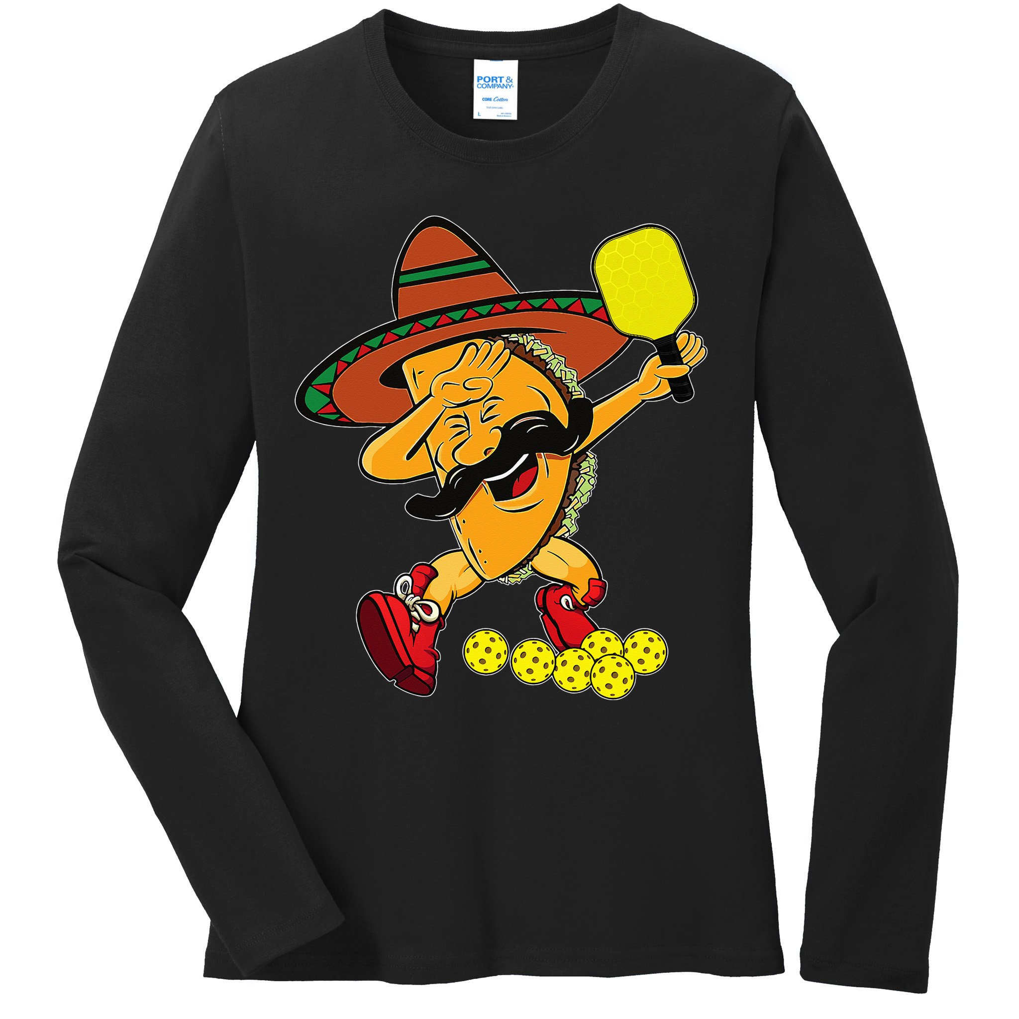 Funny Dabbing Taco Pickleball Ball Sport Lover Cinco De Mayo Ladies Long Sleeve Shirt