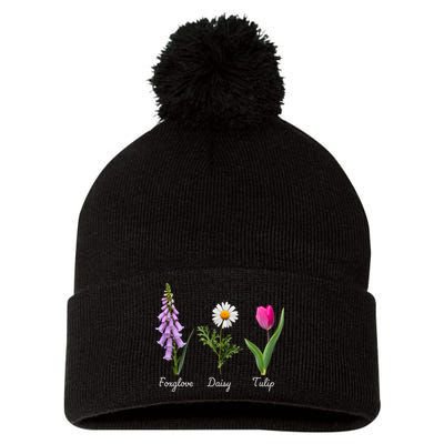 Foxglove Daisy Tulip Floral Pom Pom 12in Knit Beanie