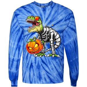 Funny Dinosaur TRex Skeleton Pumpkin Halloween Costume Gift Tie-Dye Long Sleeve Shirt