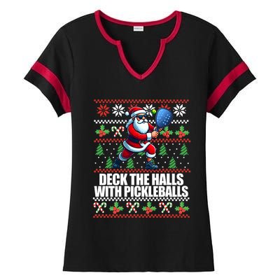 Funny Deck The Halls Ugly Christmas Sweater Pickleball Memes Ladies Halftime Notch Neck Tee