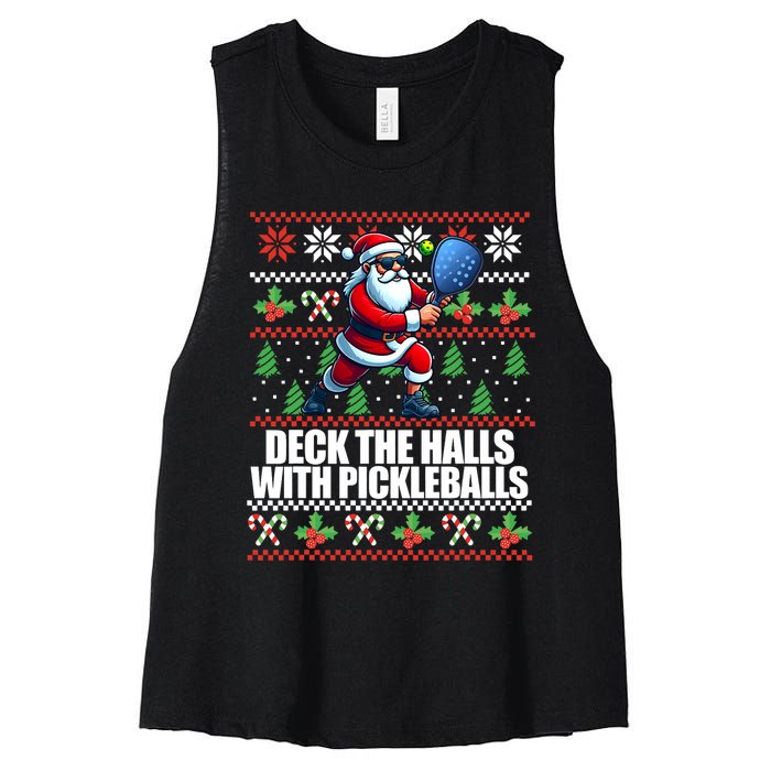 Funny Deck The Halls Ugly Christmas Sweater Pickleball Memes Women's Racerback Cropped Tank