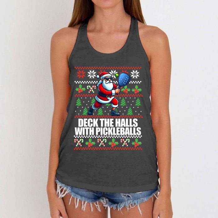 Funny Deck The Halls Ugly Christmas Sweater Pickleball Memes Women's Knotted Racerback Tank