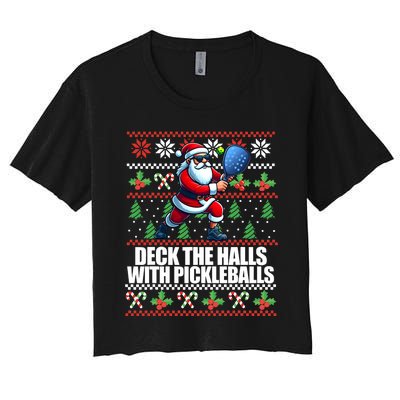 Funny Deck The Halls Ugly Christmas Sweater Pickleball Memes Women's Crop Top Tee