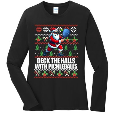 Funny Deck The Halls Ugly Christmas Sweater Pickleball Memes Ladies Long Sleeve Shirt