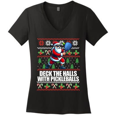 Funny Deck The Halls Ugly Christmas Sweater Pickleball Memes Women's V-Neck T-Shirt