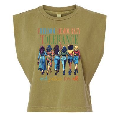 Freedom Democracy Tolerance And Justice For All Hands Off Garment-Dyed Women's Muscle Tee
