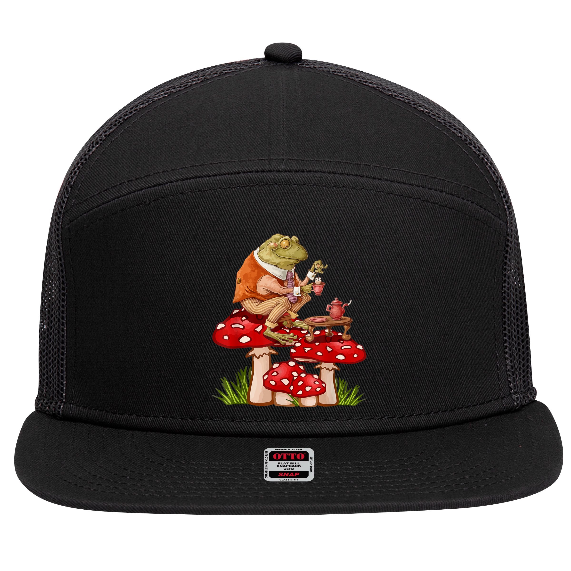 Frog Drinking Tea Mushroom Aesthetic Cottagecore 7 Panel Mesh Trucker Snapback Hat