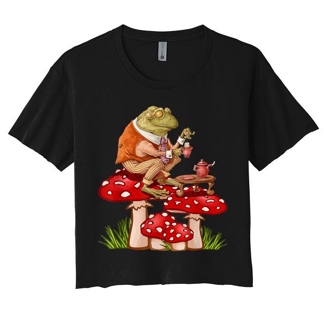 Frog Drinking Tea Mushroom Aesthetic Cottagecore Crop Top