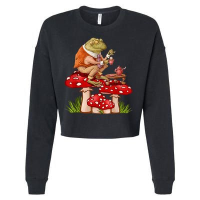 Frog Drinking Tea Mushroom Aesthetic Cottagecore Cropped Pullover Crew