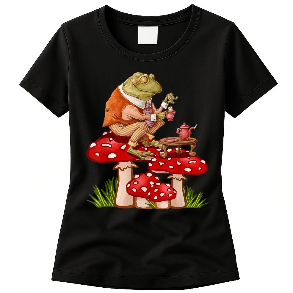 Frog Drinking Tea Mushroom Aesthetic Cottagecore Womens T-Shirt