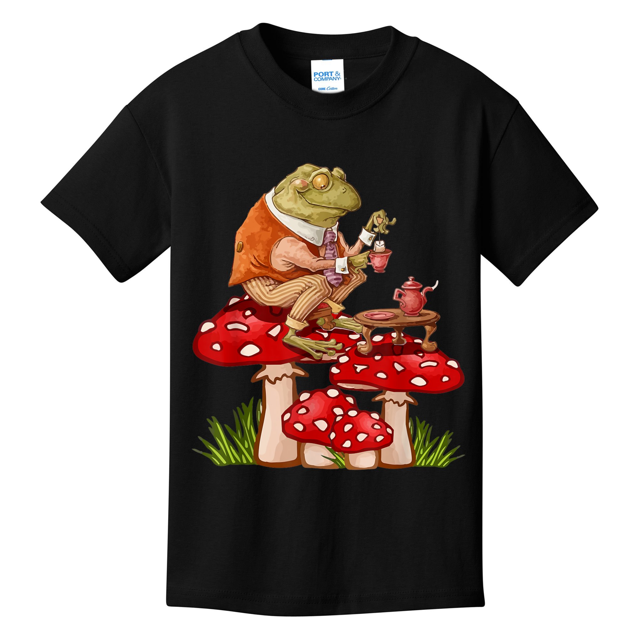 Frog Drinking Tea Mushroom Aesthetic Cottagecore Kids T-Shirt