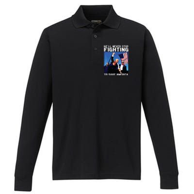 Funny Donald Trump Hell Never Stop Fighting To Save America Performance Long Sleeve Polo