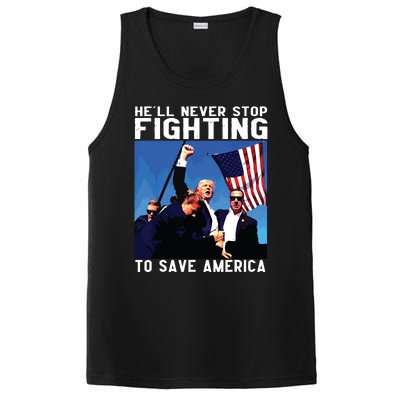 Funny Donald Trump Hell Never Stop Fighting To Save America PosiCharge Competitor Tank