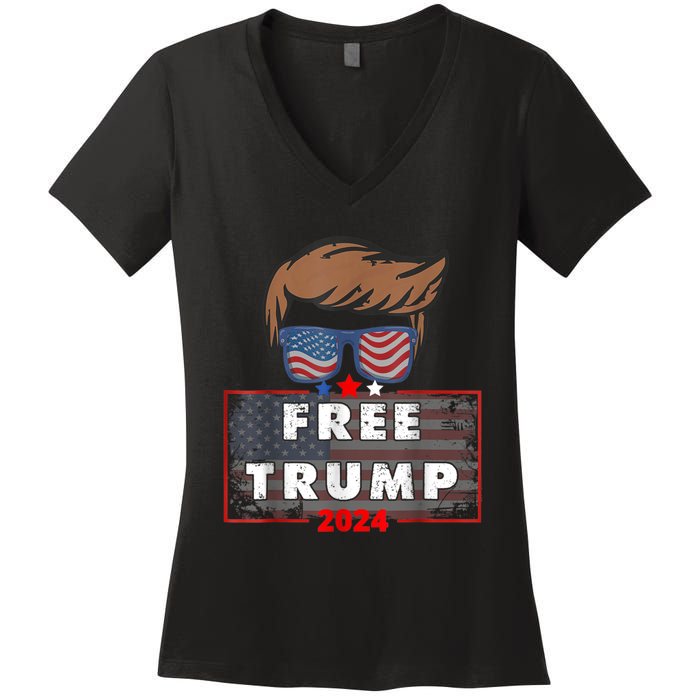 Free Donald Trump Republican Support Pro Trump American Flag Women's V-Neck T-Shirt