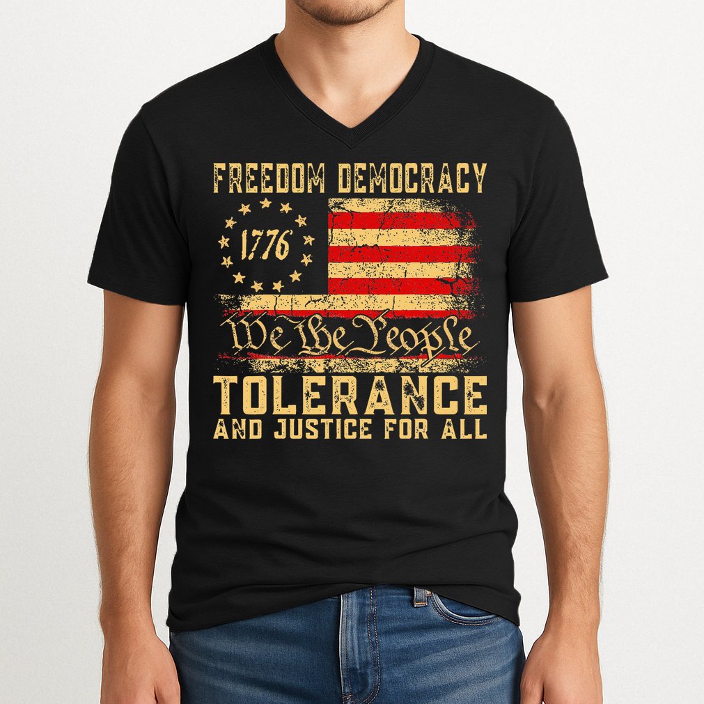 Freedom Democracy Tolerance And Justice For All Hands Off V-Neck T-Shirt
