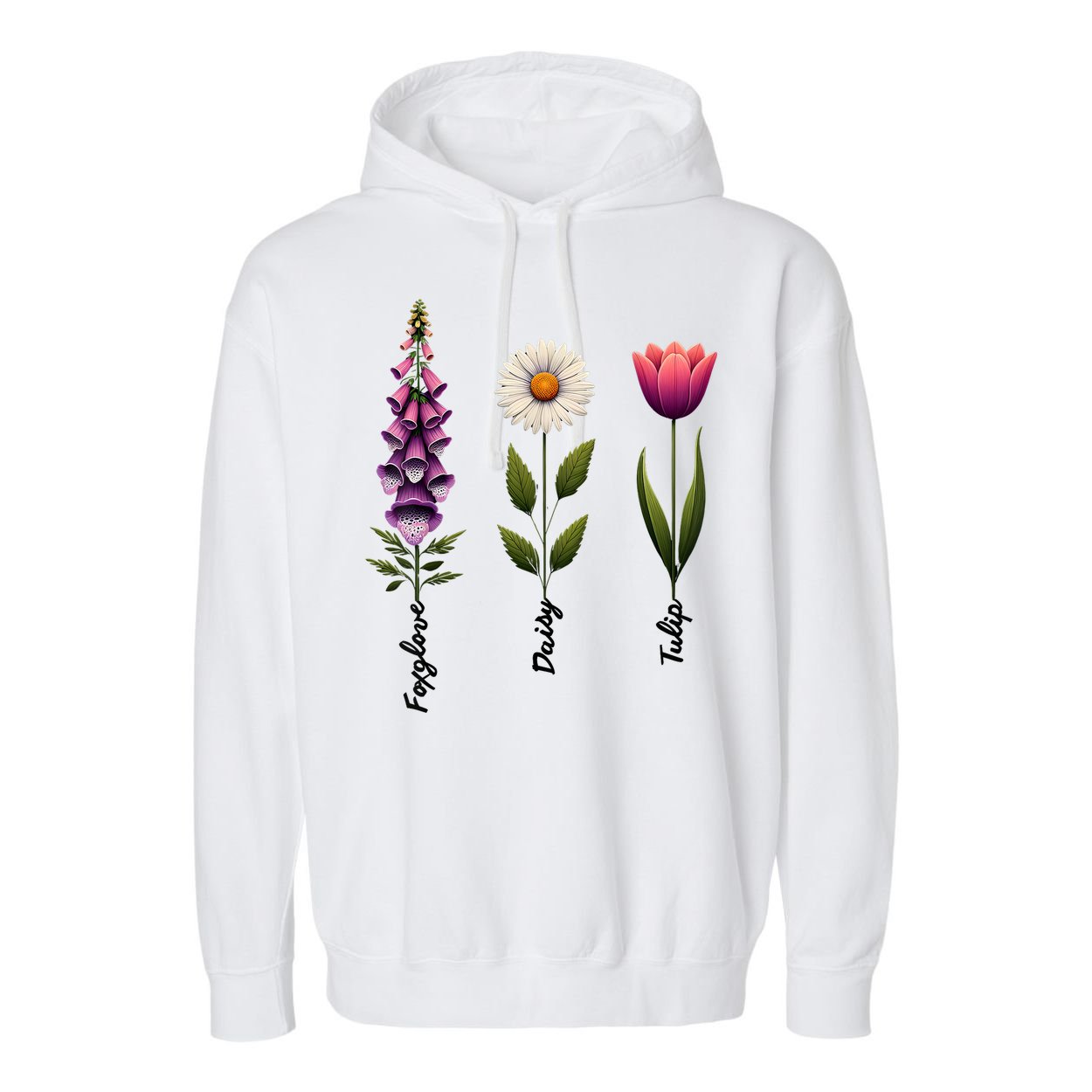Foxglove Daisy Tulip Floral  Garment-Dyed Fleece Hoodie