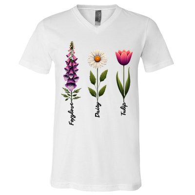 Foxglove Daisy Tulip Floral  V-Neck T-Shirt