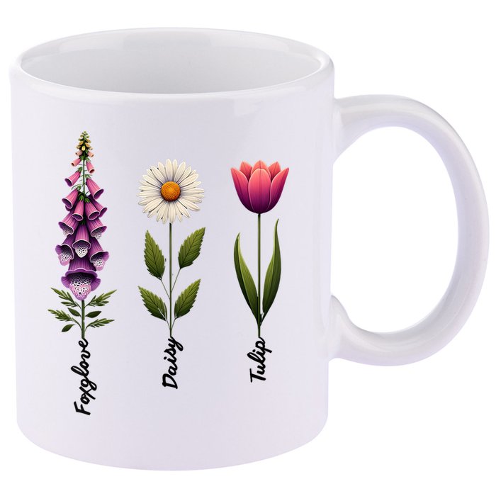 Foxglove Daisy Tulip Floral  11oz C Handle Ceramic Mug