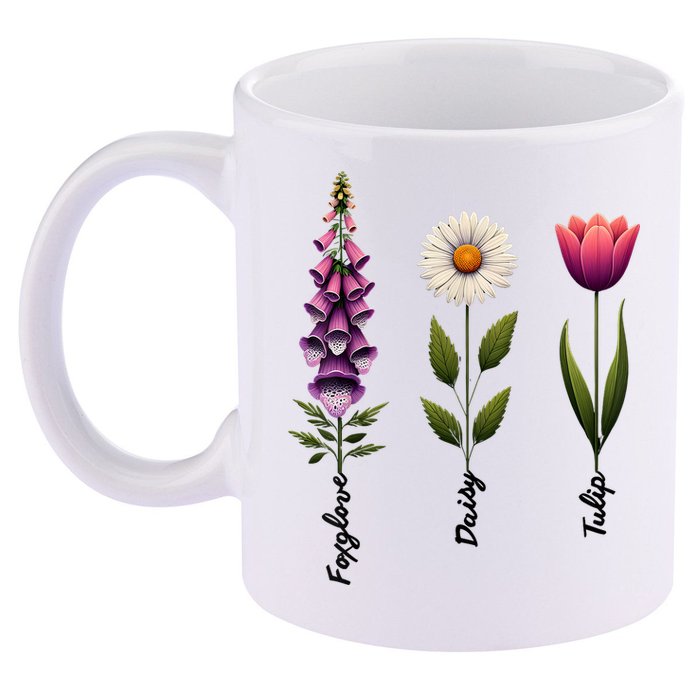 Foxglove Daisy Tulip Floral  11oz C Handle Ceramic Mug