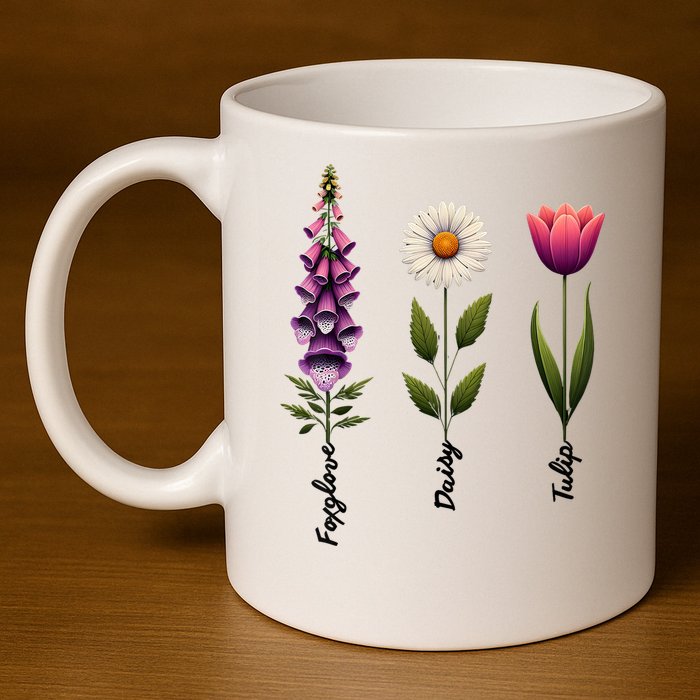 Foxglove Daisy Tulip Floral  11oz C Handle Ceramic Mug