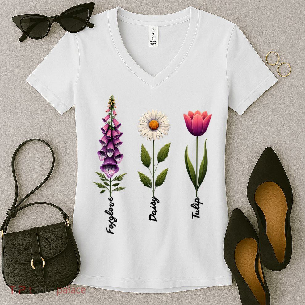 Foxglove Daisy Tulip Floral  Women's V-Neck T-Shirt