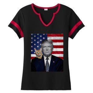 Funny Donald Trump And Cat Political Usa Flag Election 2024 Ladies Halftime Notch Neck Tee