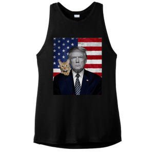 Funny Donald Trump And Cat Political Usa Flag Election 2024 Ladies PosiCharge Tri-Blend Wicking Tank