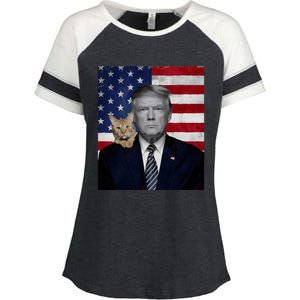 Funny Donald Trump And Cat Political Usa Flag Election 2024 Enza Ladies Jersey Colorblock Tee