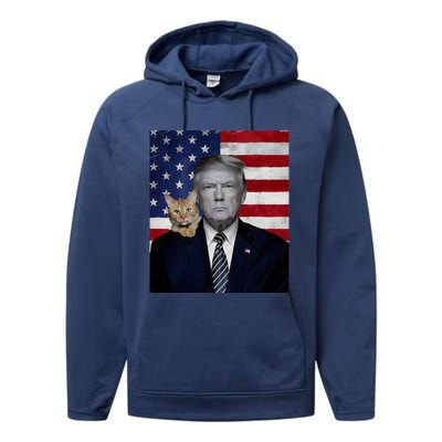 Funny Donald Trump And Cat Political Usa Flag Election 2024 Performance Fleece Hoodie