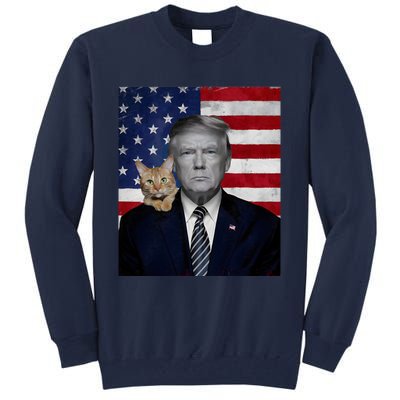 Funny Donald Trump And Cat Political Usa Flag Election 2024 Tall Sweatshirt