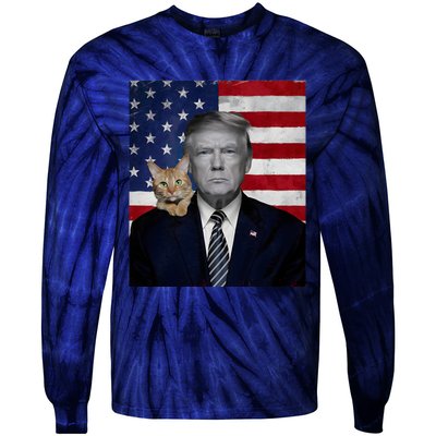 Funny Donald Trump And Cat Political Usa Flag Election 2024 Tie-Dye Long Sleeve Shirt