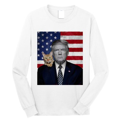 Funny Donald Trump And Cat Political Usa Flag Election 2024 Long Sleeve Shirt