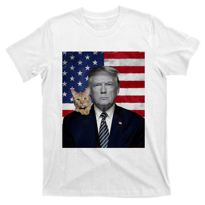 Funny Donald Trump And Cat Political Usa Flag Election 2024 T-Shirt