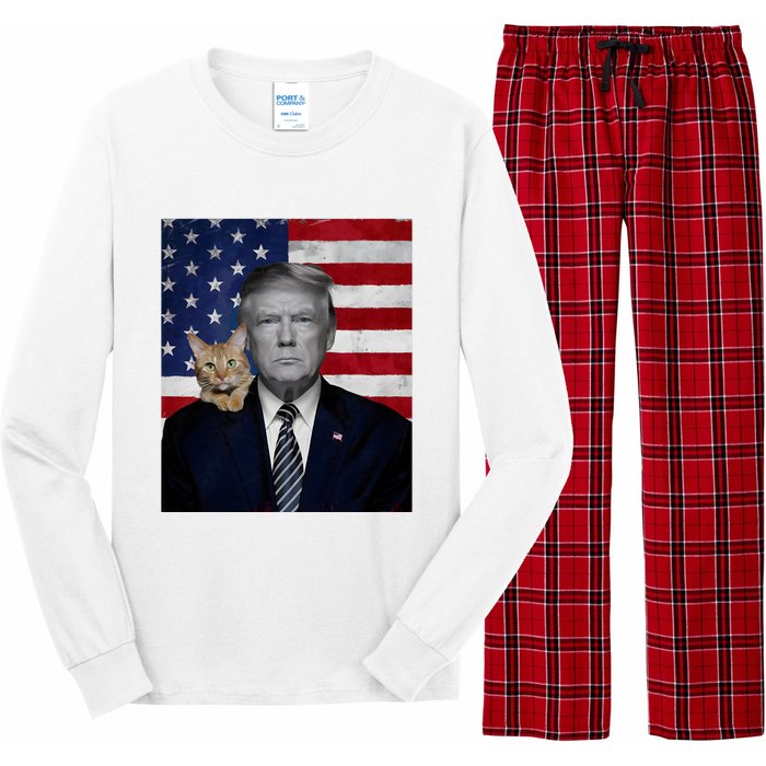 Funny Donald Trump And Cat Political Usa Flag Election 2024 Long Sleeve Pajama Set