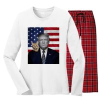 Funny Donald Trump And Cat Political Usa Flag Election 2024 Women's Long Sleeve Flannel Pajama Set 