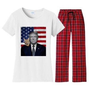 Funny Donald Trump And Cat Political Usa Flag Election 2024 Women's Flannel Pajama Set