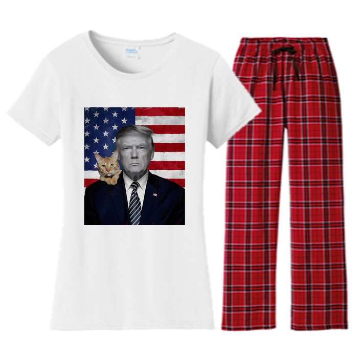 Funny Donald Trump And Cat Political Usa Flag Election 2024 Women's Flannel Pajama Set