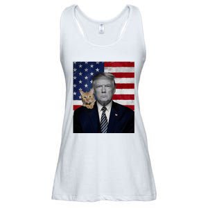 Funny Donald Trump And Cat Political Usa Flag Election 2024 Ladies Essential Flowy Tank