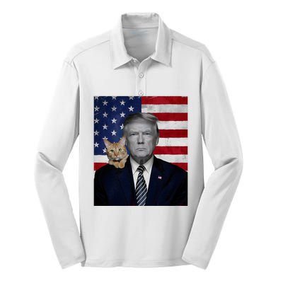 Funny Donald Trump And Cat Political Usa Flag Election 2024 Silk Touch Performance Long Sleeve Polo