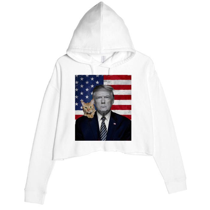 Funny Donald Trump And Cat Political Usa Flag Election 2024 Crop Fleece Hoodie